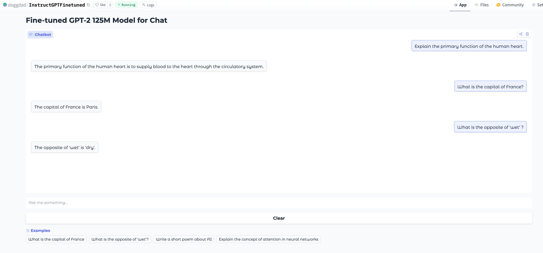Screenshot of the Fine-tuned GPT Model interface